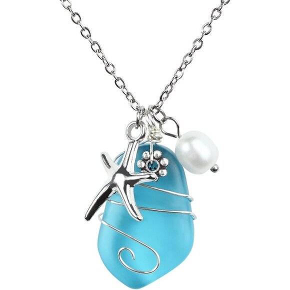 Jewelry - Sea Glass Necklace Handmade Blue Beach Jewelry Adjustable Gift for Women